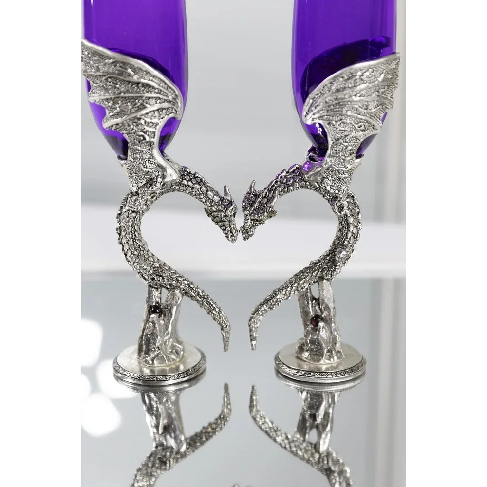Fellowship Foundry Dragon Heart Wing Purple Glass Pewter Wedding Flutes Pair